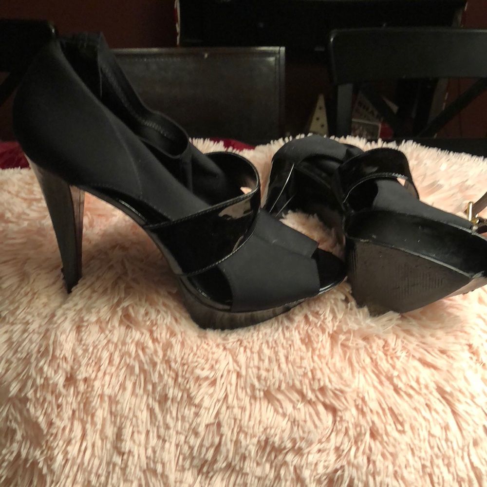 Bebe Black Fabric and Patent Open Toe Heels